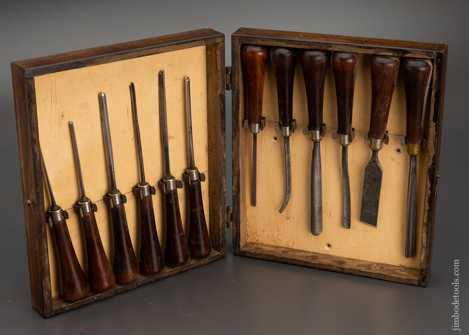Complete Set of 12 MILLERS FALLS No. 3 Carving Tools with Rosewood Handles in Original Box - 102624