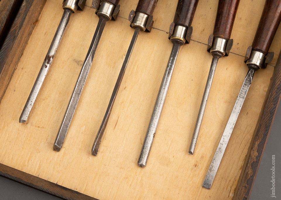 Complete Set of 12 MILLERS FALLS No. 3 Carving Tools with Rosewood Handles in Original Box - 102624