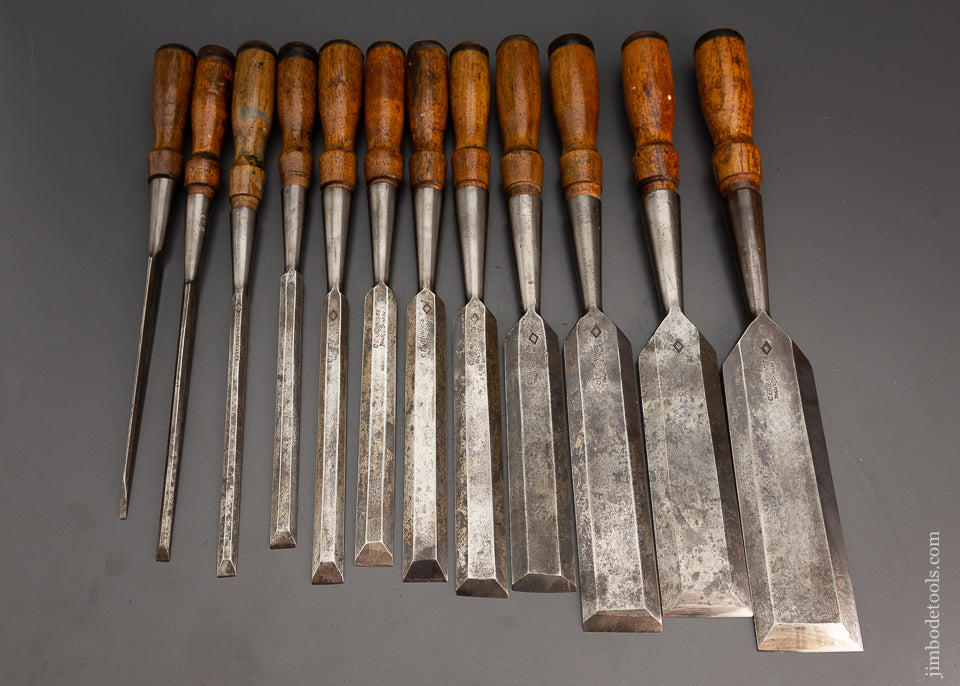Excellent Complete Set of 12 C.E. JENNINGS Bevel Edge Socket Chisels - 102634