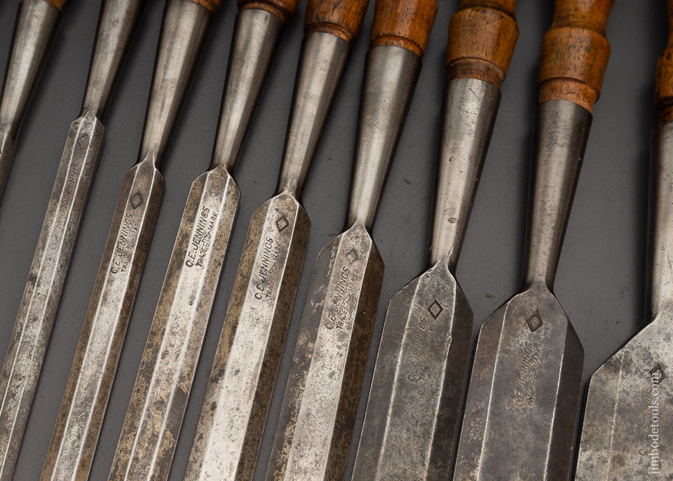 Excellent Complete Set of 12 C.E. JENNINGS Bevel Edge Socket Chisels - 102634