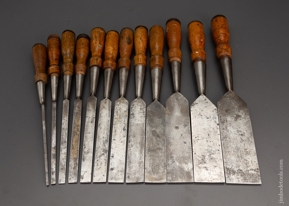 Excellent Complete Set of 12 C.E. JENNINGS Bevel Edge Socket Chisels - 102634