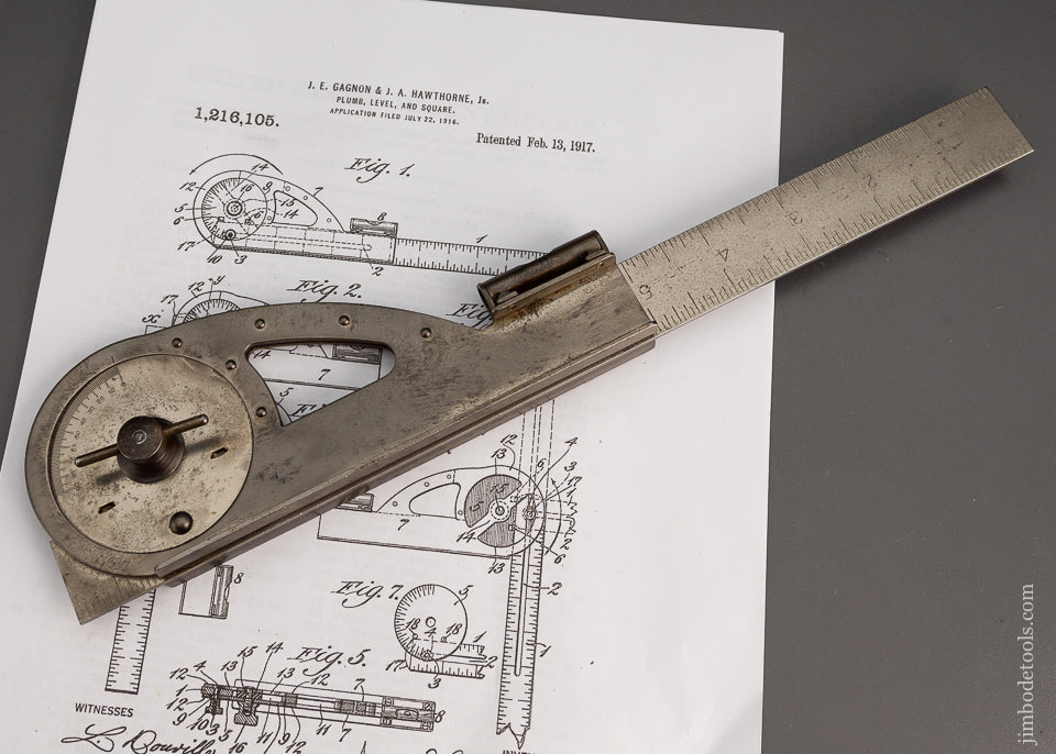 Rare GAGNON & HAWTHORNE PATENT Combination Square & Protractor - 102773