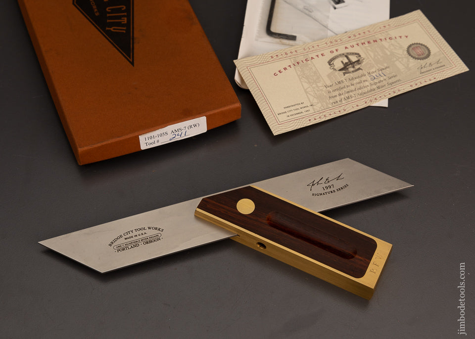 BRIDGE CITY TOOL WORKS AMS-7 Rosewood Adjustable Miter Square Mint in Box - 102805