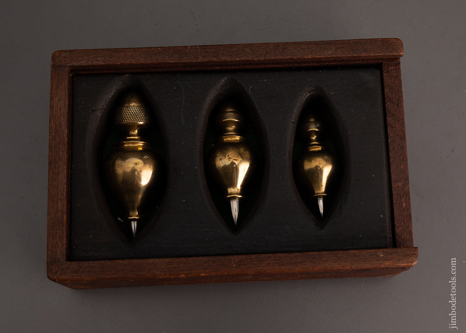 Gorgeous Graduated Set of 3 Brass Plumb Bobs in Custom Box - 102892