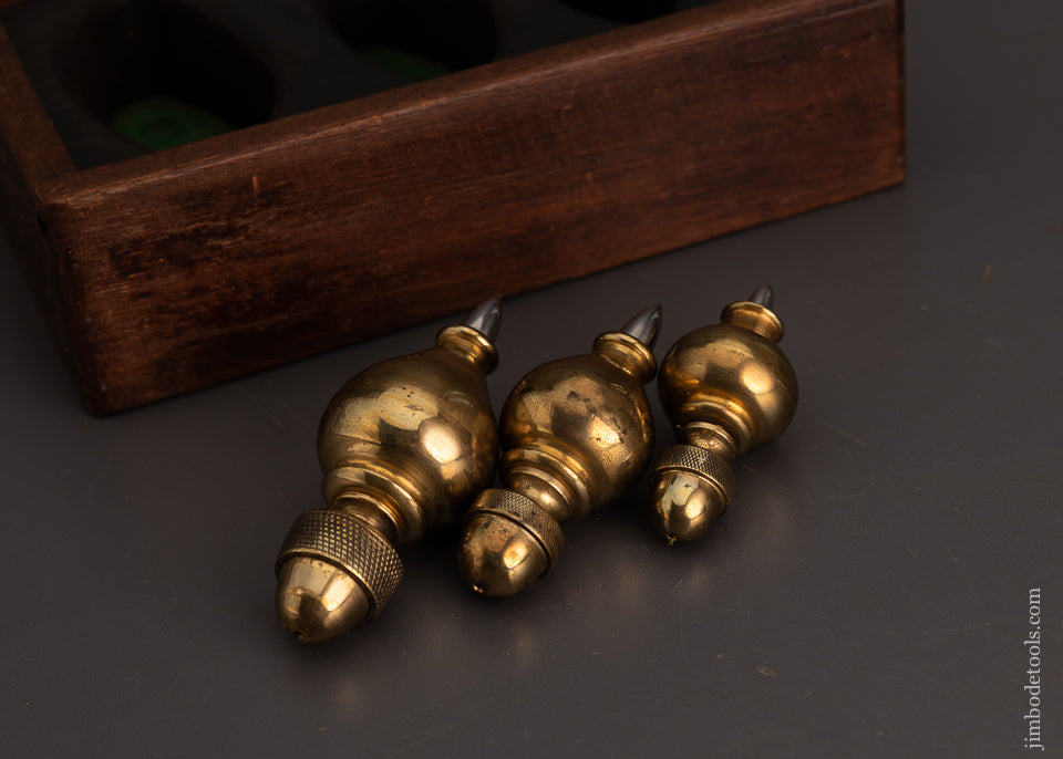 Gorgeous Graduated Set of 3 Brass Plumb Bobs in Custom Box - 102892