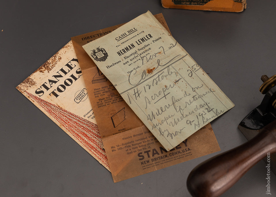 STANLEY No. 12 Scraper Plane Unused Near Mint in Box with Original Receipt! - 102929