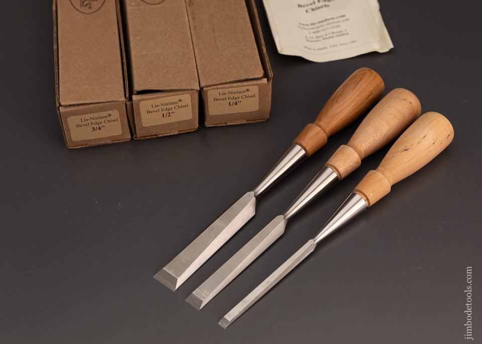 Mint Unused LIE NIELSEN Bevel Edge Bench Chisels 3 Sizes 1/4, 1/2 & 3/4 - 103454