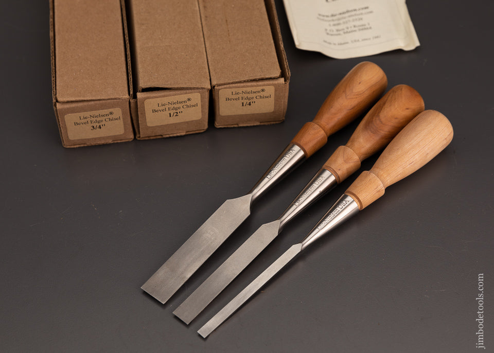 Mint Unused LIE NIELSEN Bevel Edge Bench Chisels 3 Sizes 1/4, 1/2 & 3/4 - 103454