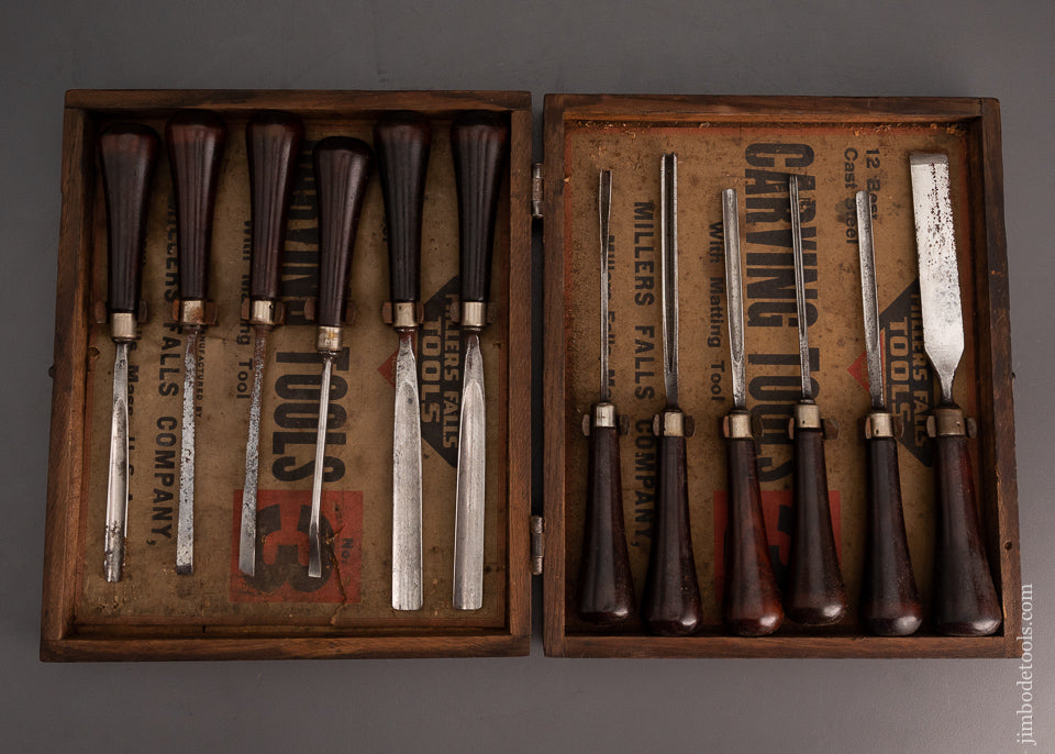 Complete Set of 12 Rosewood Handle MILLERS FALLS Carving Tools in Original Box - 103602