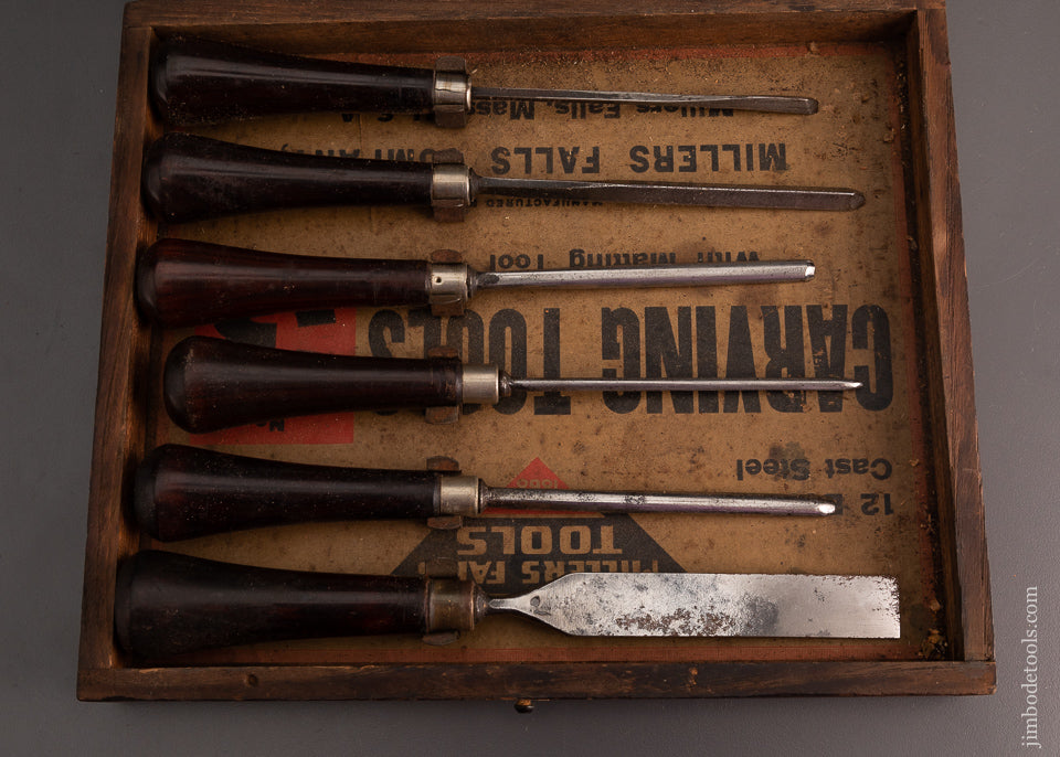 Complete Set of 12 Rosewood Handle MILLERS FALLS Carving Tools in Original Box - 103602