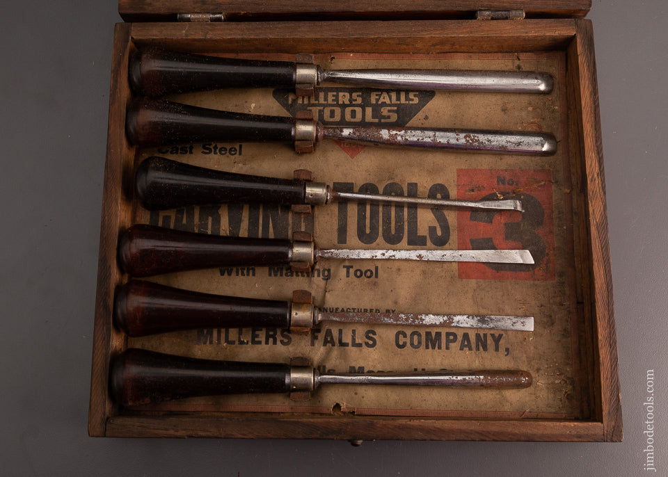 Complete Set of 12 Rosewood Handle MILLERS FALLS Carving Tools in Original Box - 103602