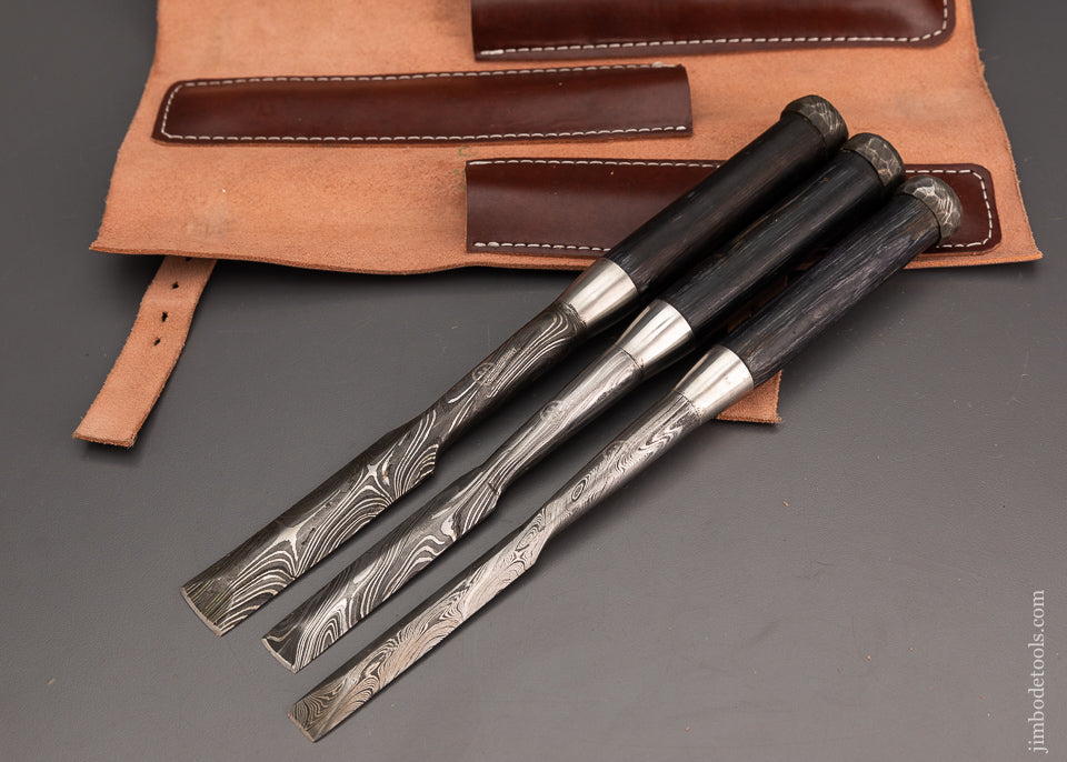 Set of 3 Massive Japanese Style Damascus Chisel by MUGHAL Signed - 103692
