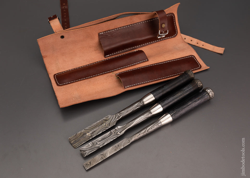 Set of 3 Massive Japanese Style Damascus Chisel by MUGHAL Signed - 103692