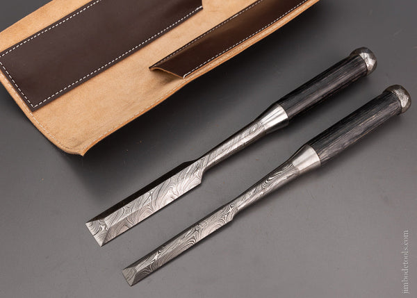 Stout Pair of Heavy Framing Chisels Japanese Style Damascus 1 Inch & 5/8 Inch Sizes - 104545