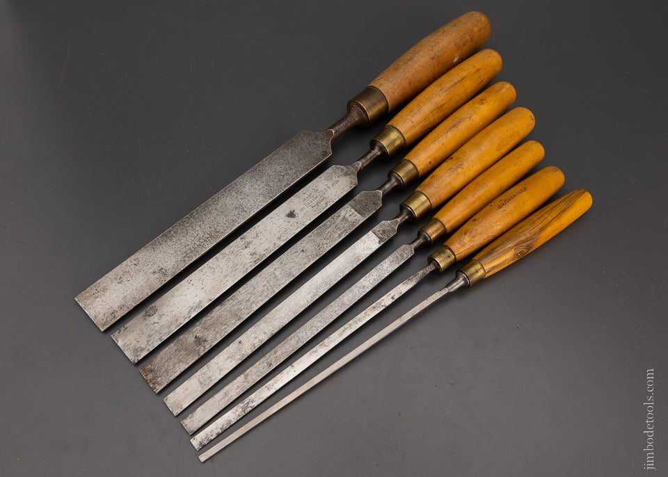 Magnificent Set of 7 MARPLES Boxwood Handle Long, Thin Paring Chisels - 104595