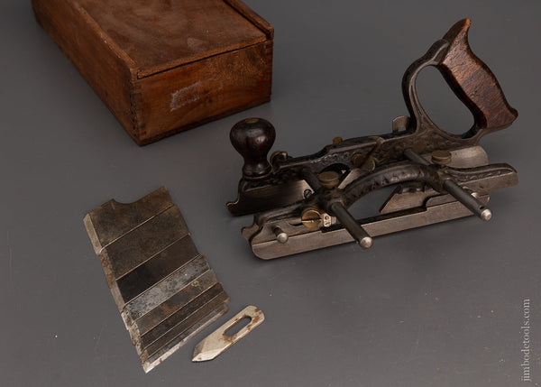 Excellent Early STANLEY No. 46 Skewed Plow Plane with 9 Irons. Custom Box - 105712