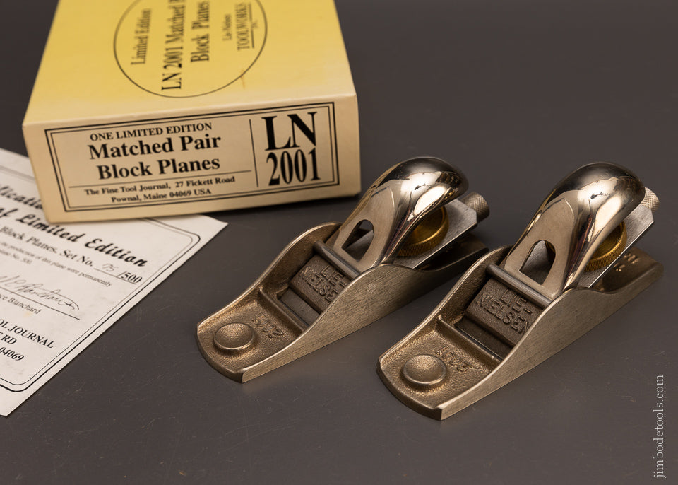 Mint Limited Edition LIE NIELSEN 2001 White Bronze Matched Pair Block Planes in Original Box - 106939