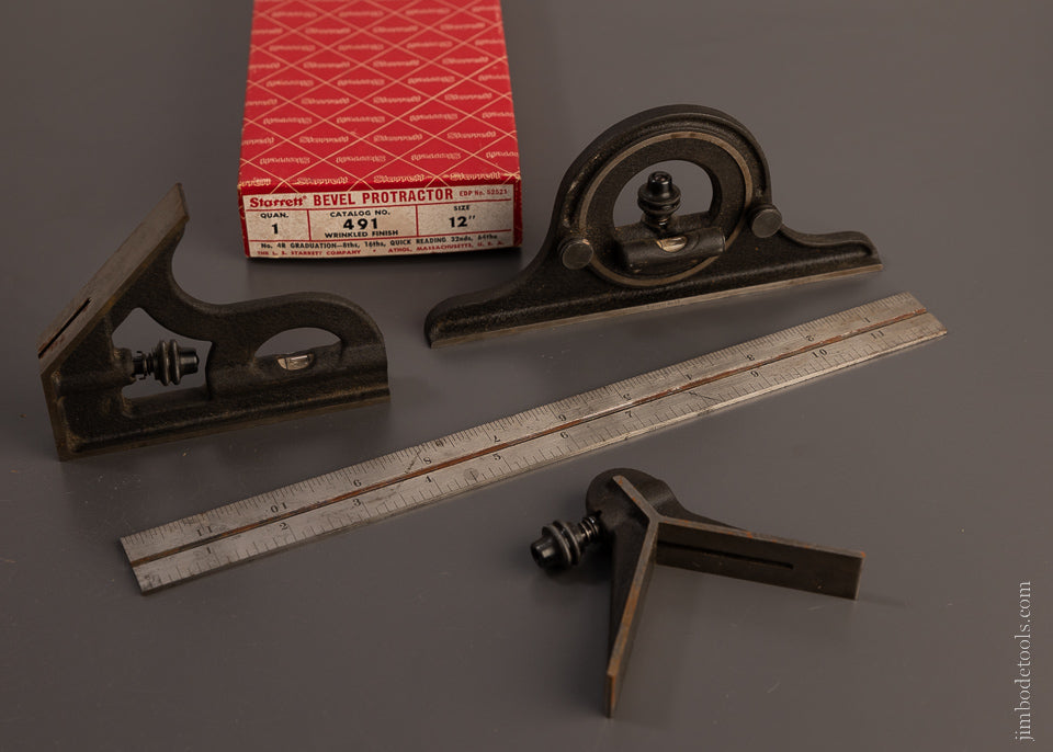 STARRETT No. 491 Bevel Protractor Combination Set Mint in Box - 106974
