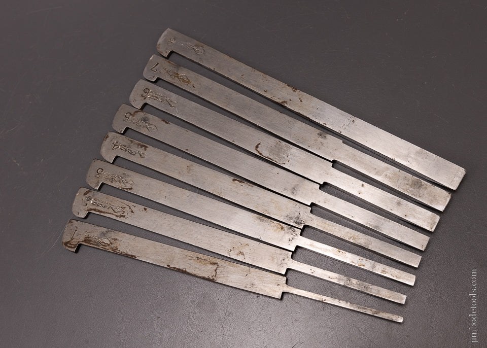 Near Mint Complete Graduated Set of 8 Plow Plane Irons by A. HILDICK Numbered 1-8 - 107077