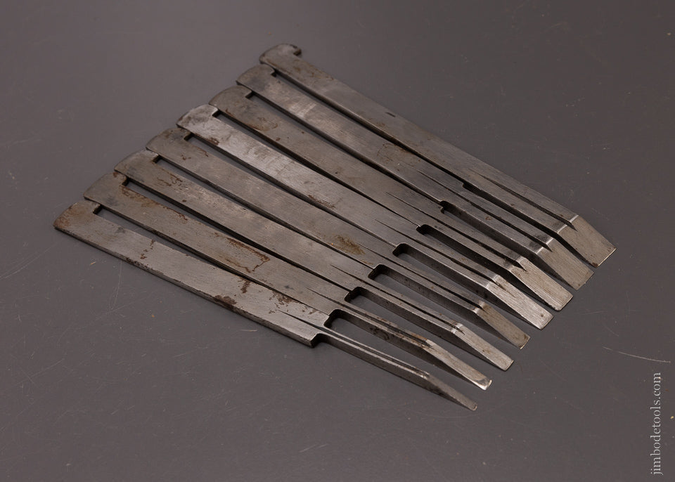 Near Mint Complete Graduated Set of 8 Plow Plane Irons by A. HILDICK Numbered 1-8 - 107077