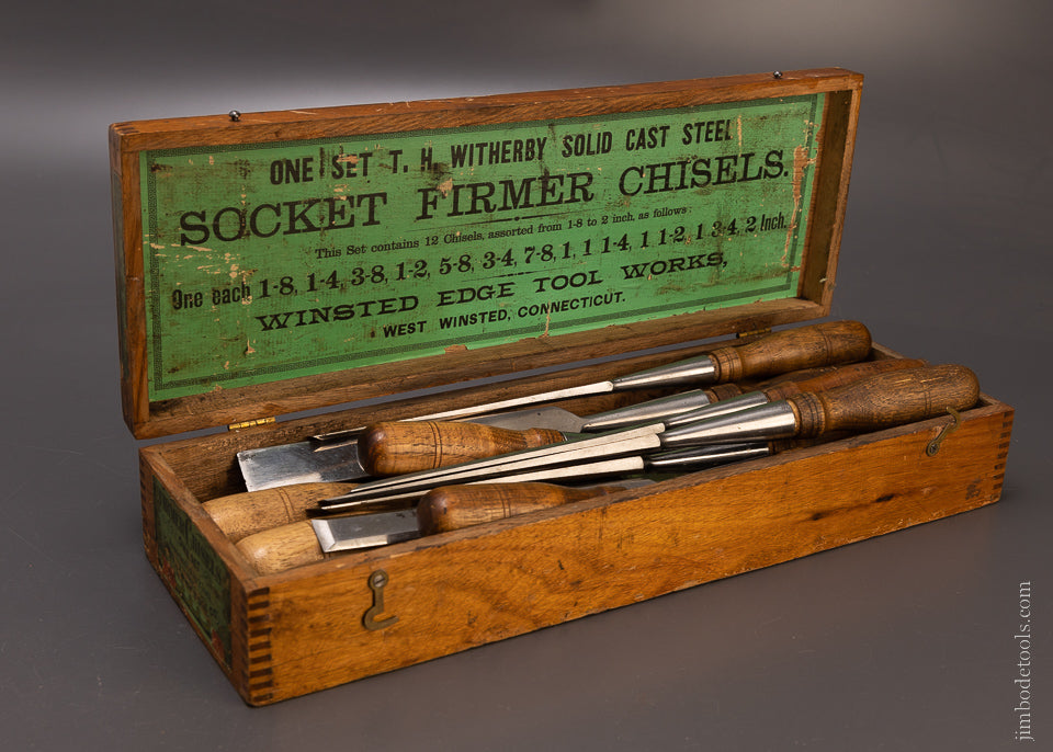 Really Fine Complete Set of 12 T.H. WITHERBY Bevel Edge Chisels in Original Box - 107296