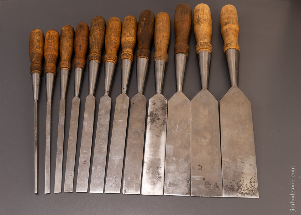 Really Fine Complete Set of 12 T.H. WITHERBY Bevel Edge Chisels in Original Box - 107296