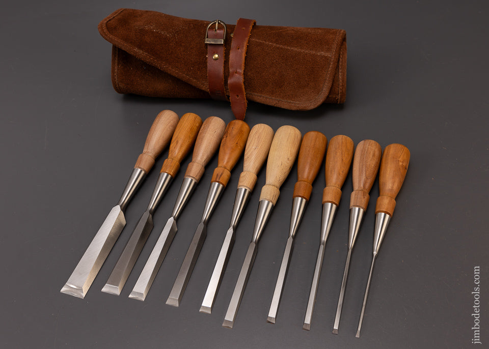 Mint Set of 10 LIE NIELSEN Bevel Edged Bench Chisels in Leather Roll - 108275