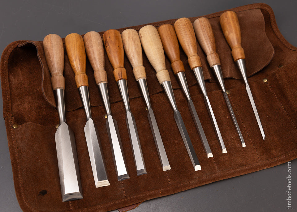Mint Set of 10 LIE NIELSEN Bevel Edged Bench Chisels in Leather Roll - 108275