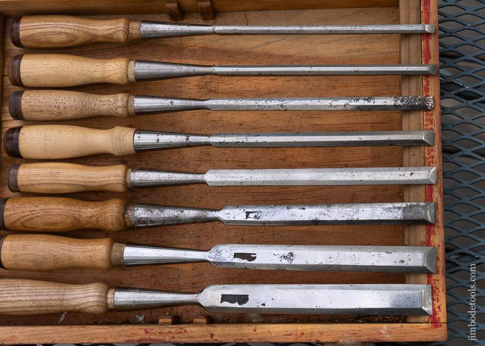 Fine Set of JAMES SWAN Bevel Edge Socket Firmer Chisels Set of 13 in Box - 108590
