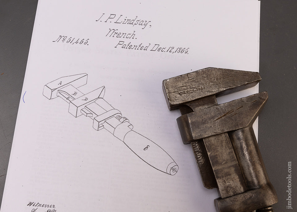 Rare J.P. LINDSAY PATENT 1856 Improved Nut Wrench - 109493