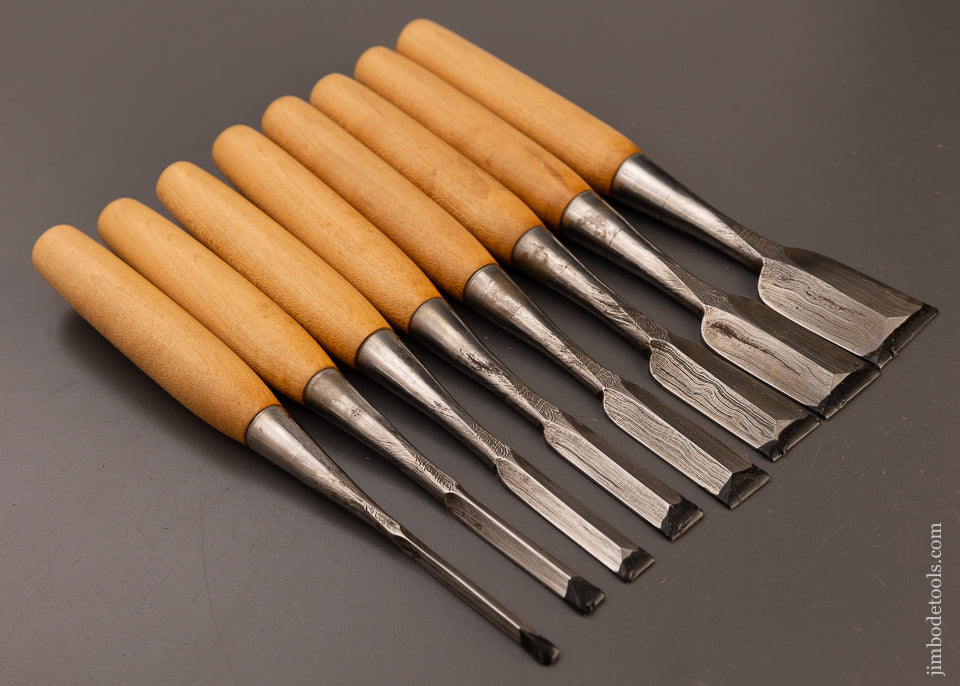 Extra Fine Set of 8 Japanese Blue Steel Wood Grain Dovetail Chisels - 110656