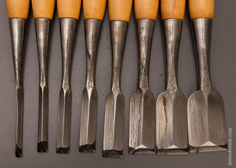 Extra Fine Set of 8 Japanese Blue Steel Wood Grain Dovetail Chisels - 110656