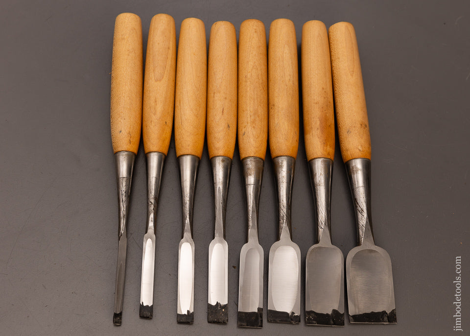 Extra Fine Set of 8 Japanese Blue Steel Wood Grain Dovetail Chisels - 110656