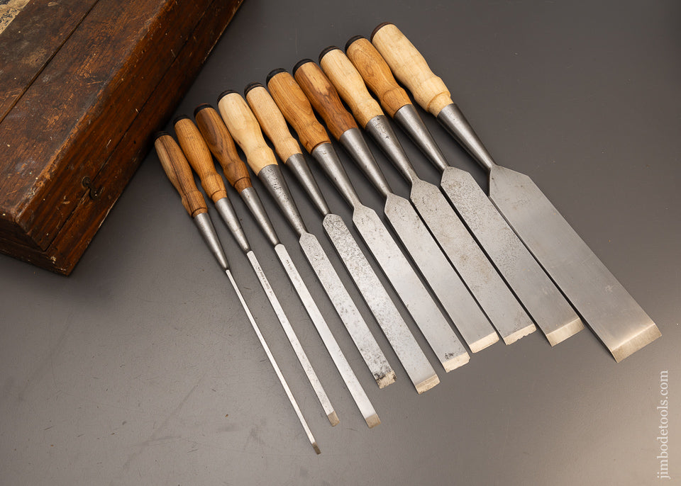 Excellent Set of 10 JAMES SWAN Square Edge Socket Firmer Chisels in Original Box - 110921