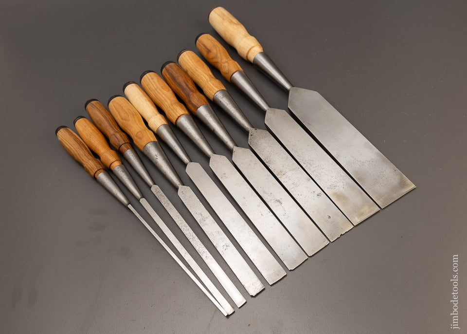 Excellent Set of 10 JAMES SWAN Square Edge Socket Firmer Chisels in Original Box - 110921