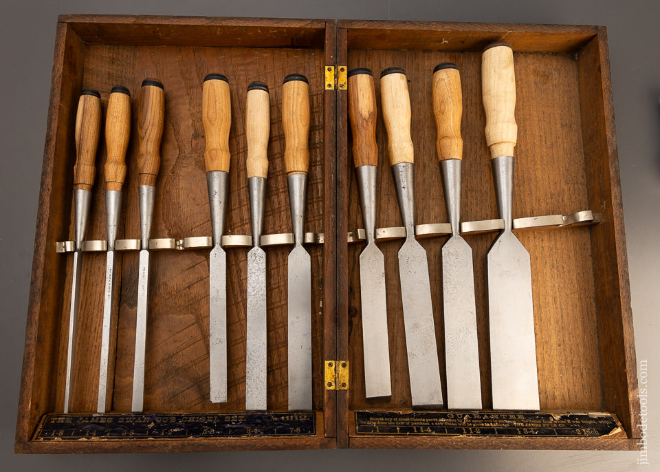 Excellent Set of 10 JAMES SWAN Square Edge Socket Firmer Chisels in Original Box - 110921