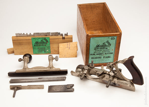  STANLEY NO. 45 Combination Plane in its Original Wooden Box with Green Label Circa 1897-1900 