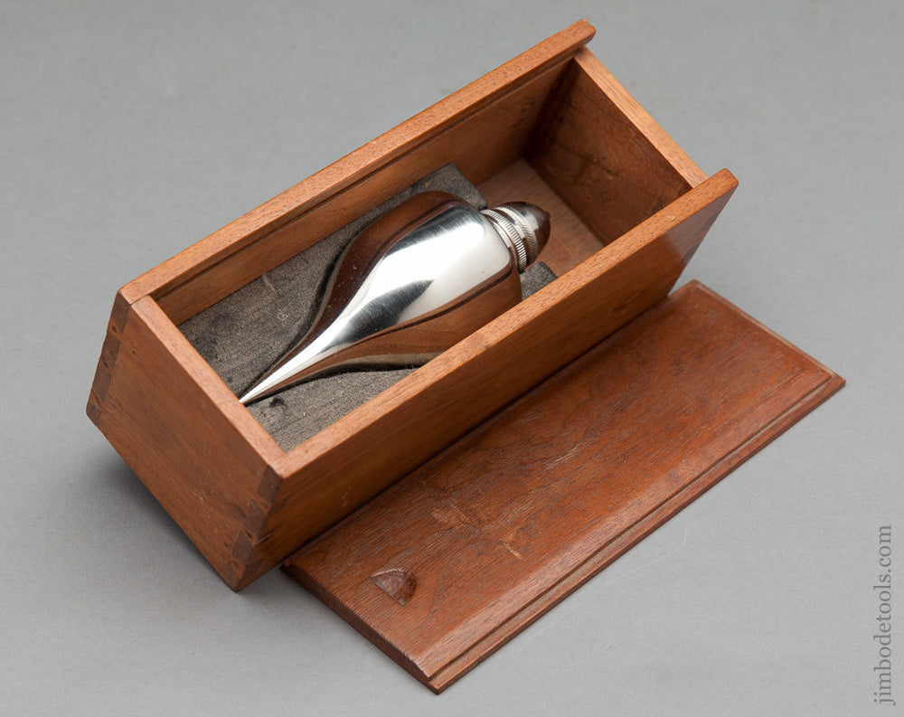 Awesome 30 ounce 5 1/4 inch Nickel-Plated Brass Plumb Bob in Lovely Fitted Wooden Box 