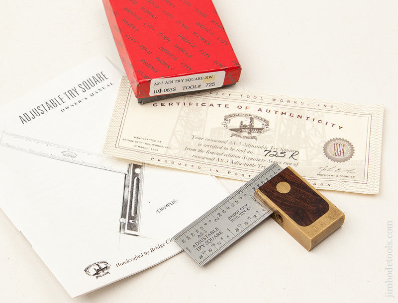 1994 BRIDGE CITY TOOL WORKS AS-3 Adjustable Try Square-RW in Original Box