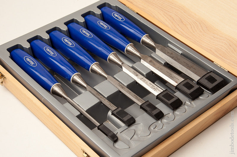 Set of Six MARPLES Blue Chip Chisels by RECORD in Original Wooden Box
