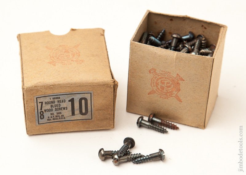 One Gross of Antique 7/8 No. 10 Round Head Blued Steel Wood Screws in Original Box 