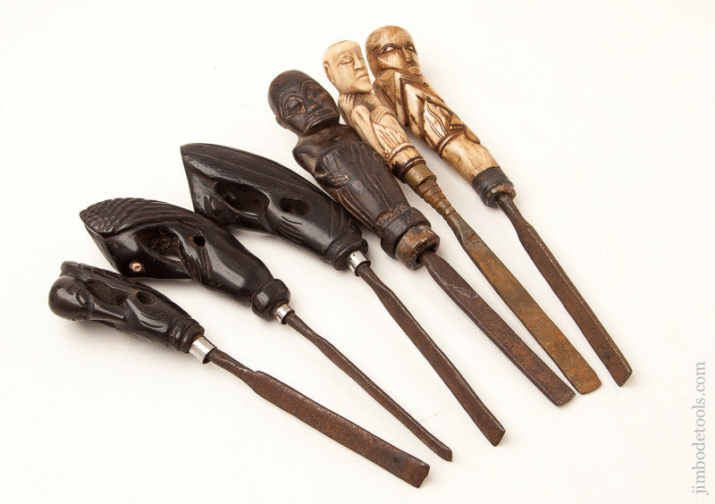 Wonderful Collection of Six Primitive Carving Tools with Carved Handles