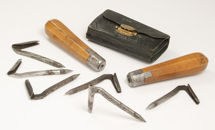 Absolutely Incredible Customs Inspectors' Boxwood Handled Race Knife Set with 6 Blades and Leather Case - 15393