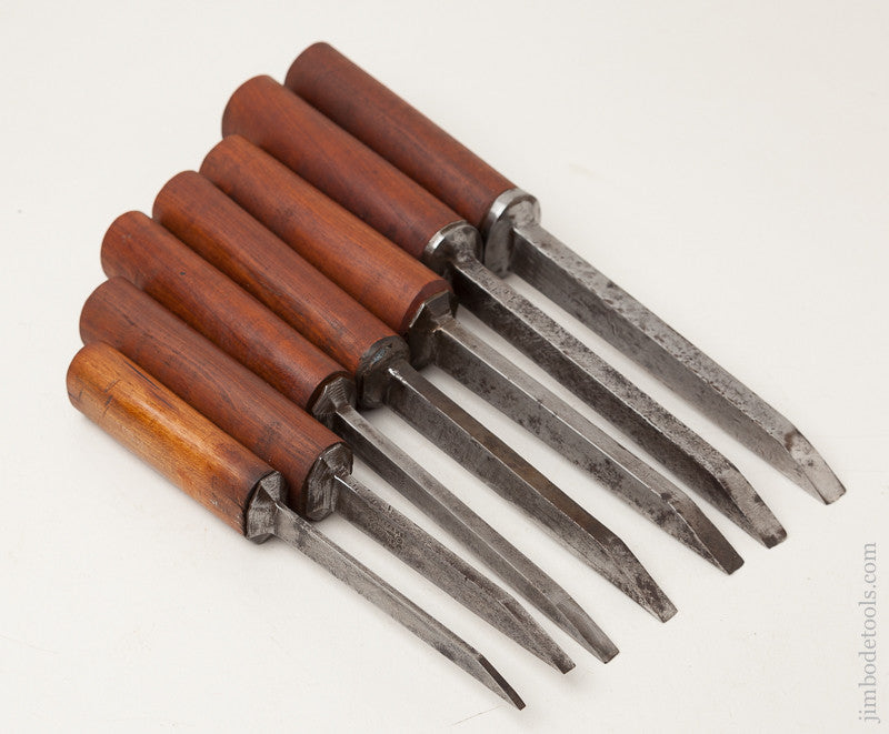 Great Working Set of Seven Pig Sticker Mortise Chisels by W. BUTCHER circa 1799-1900