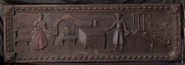AMAZING! 18th Century Carved Oak Panel of Carpenter Workbench & Tools 21 1/4 x 64 1/4