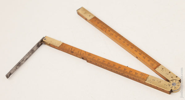 18th Century Hand Stamped 50cm French Boxwood and Brass Rule with Folding Steel Hook End
