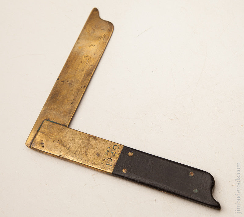 6 1/4 x 7 1/4 inch Brass and Ebony Try Square Dated 1840 