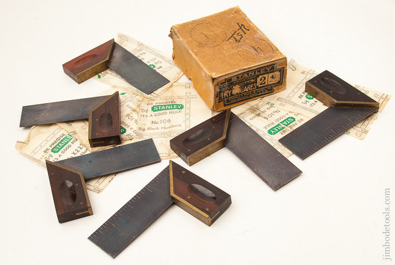 Six DEAD MINT 4 1/2 inch STANLEY No. 2 Rosewood Try Squares in Original Box