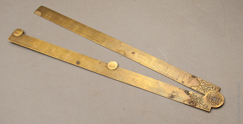 Fancy MATHIESON Two Foot Brass Folding Rule with Engraved Escutcheons Including Dividers Motif - 68309