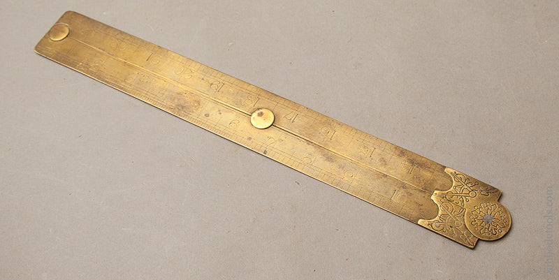 Fancy MATHIESON Two Foot Brass Folding Rule with Engraved Escutcheons Including Dividers Motif - 68309